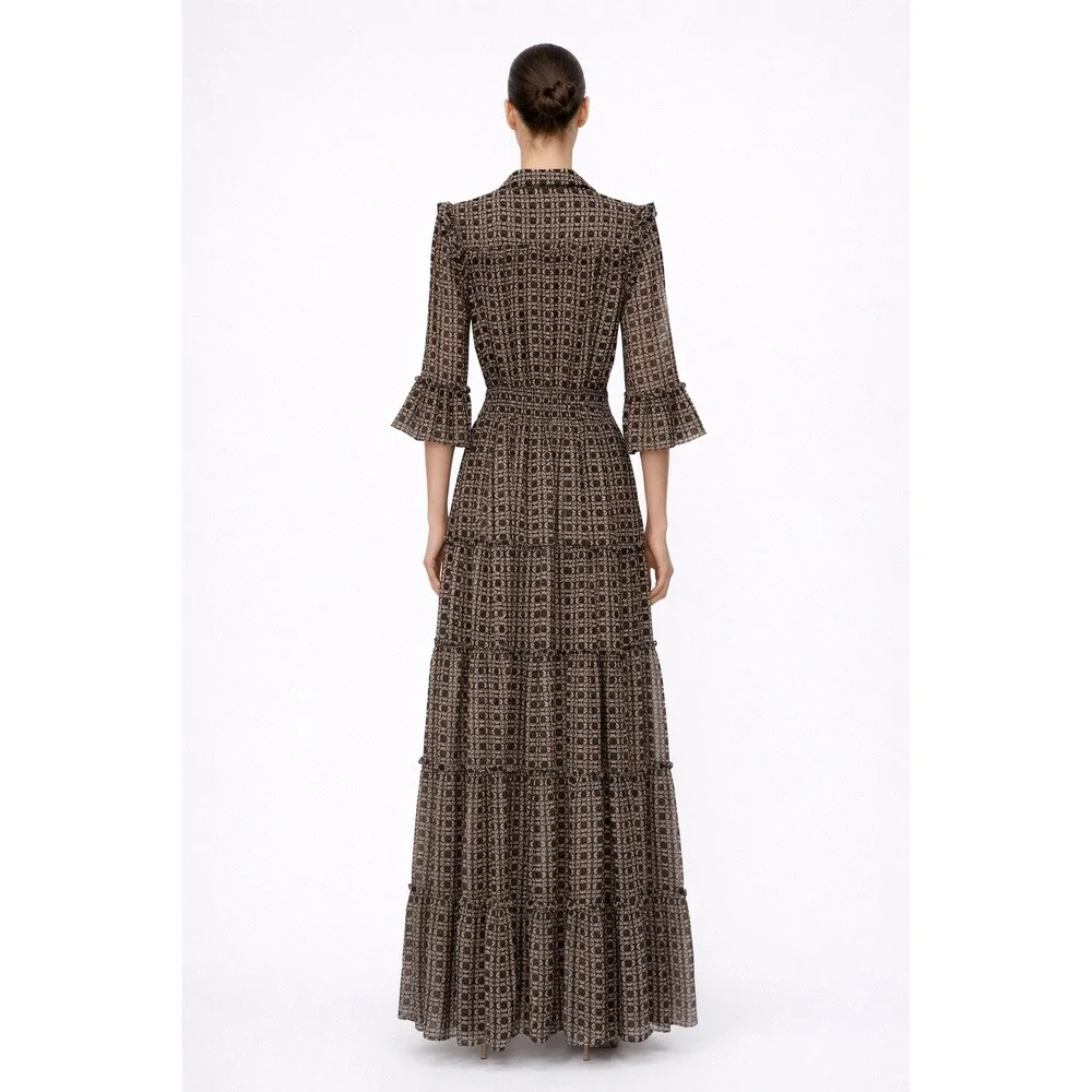 MISA Los Angeles Geometric Print Tiered Maxi Dress Flutter‎ Sleeve Collared XS/S - Picture 2 of 8